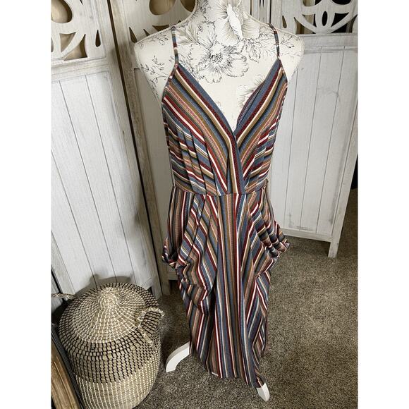 BCBGeneration Draped Pocket Surplice Striped Midi Dress Size Small Red Blue - Picture 1 of 5